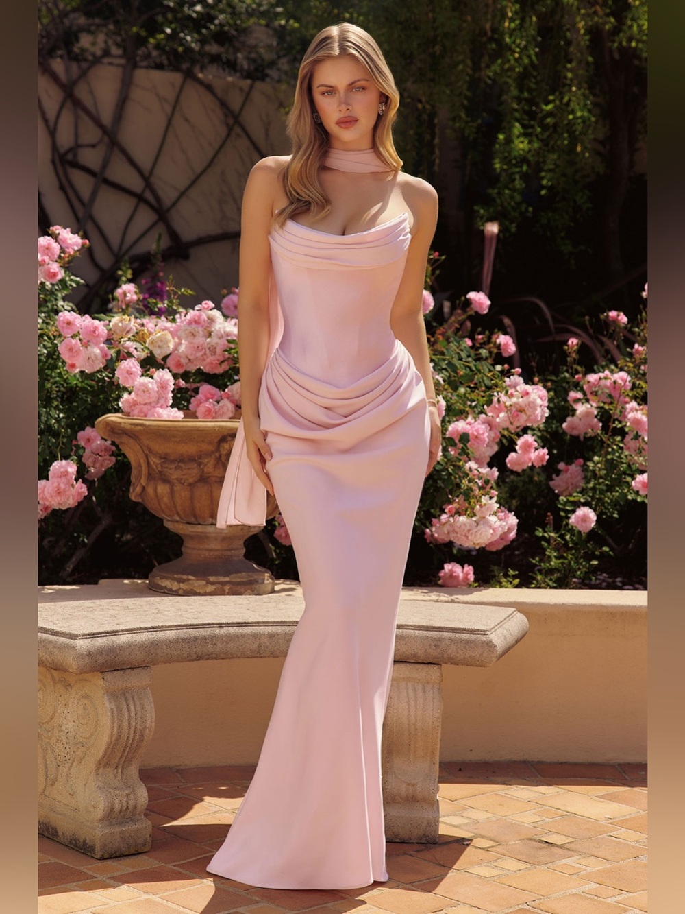 NWT AMORIS Crepe Fitted Strapless Scarf Gown by Amoris T732